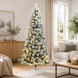 Artificial Hinged Christmas Tree 180cm 300 LEDs Flocked Snow Green Xmas Decor