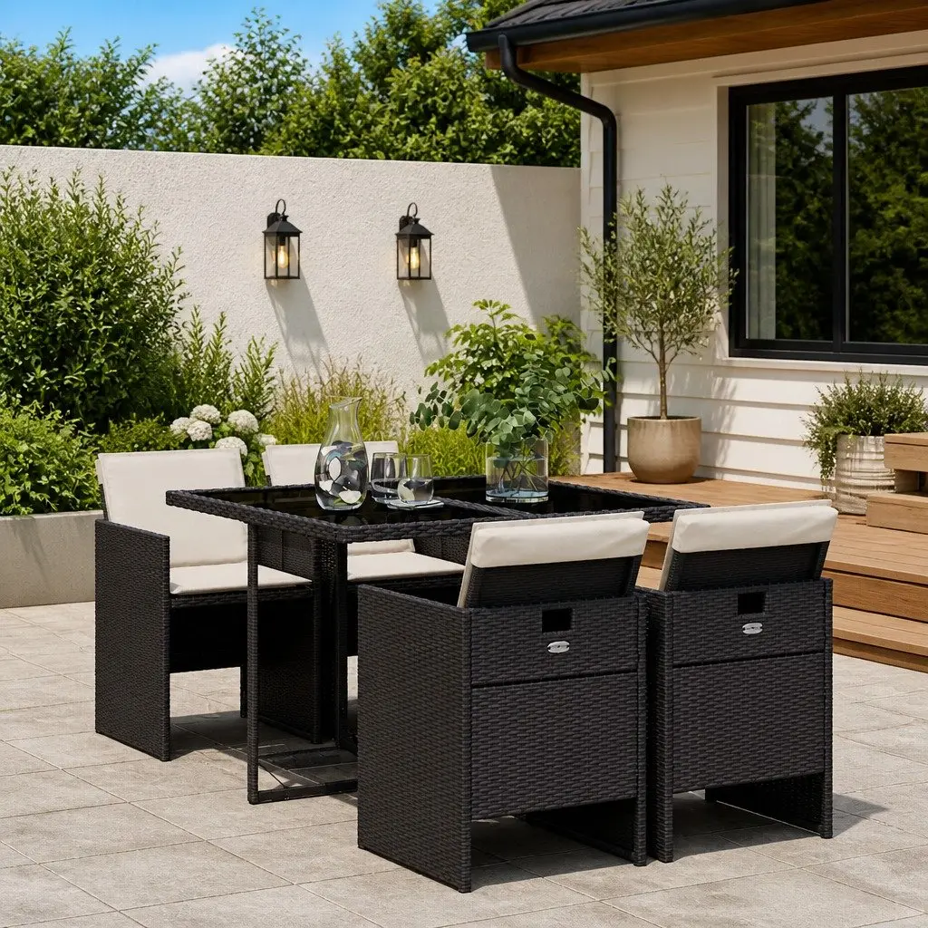 5 Piece Outdoor Garden Dining Set Patio Use Black Poly Rattan Chairs Tempered Glass Table