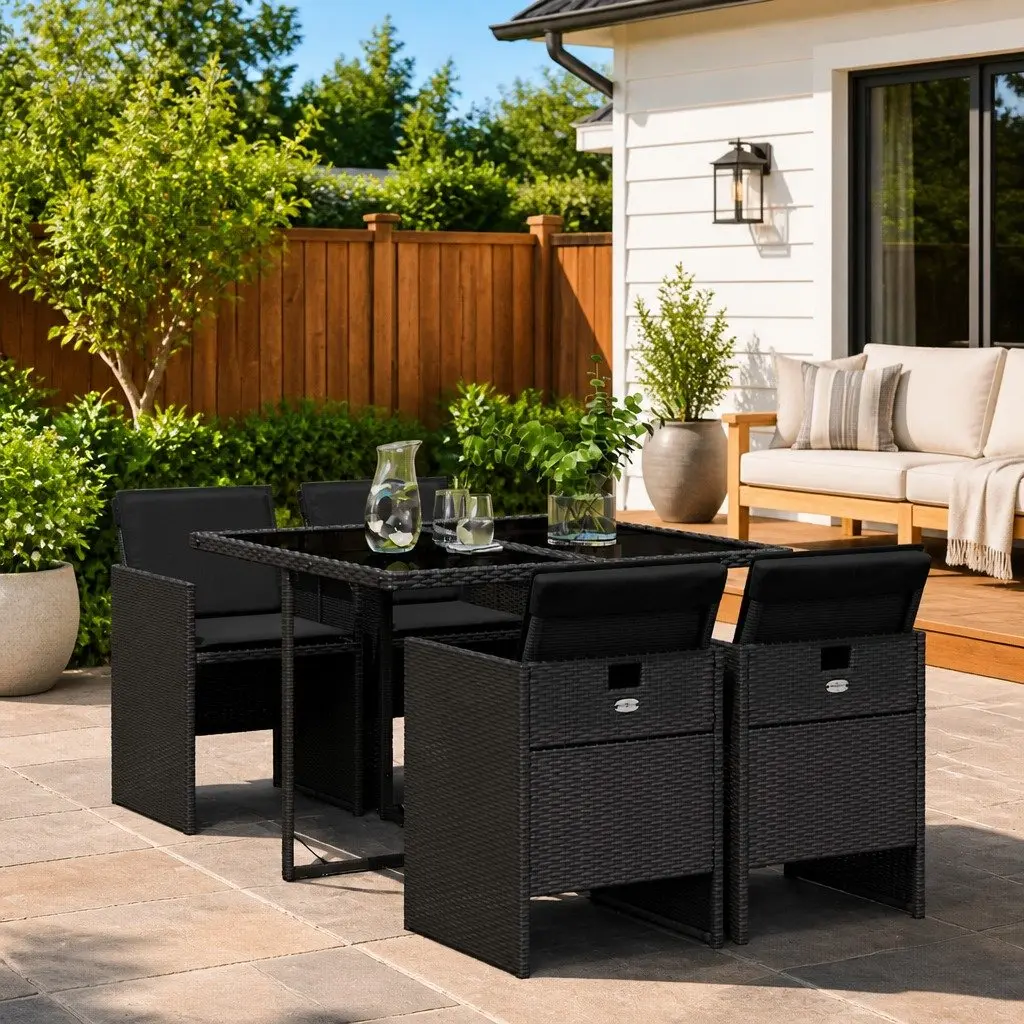 Garden Dining Set Outdoor Furniture 5 Piece Black Poly Rattan Patio Table Chairs