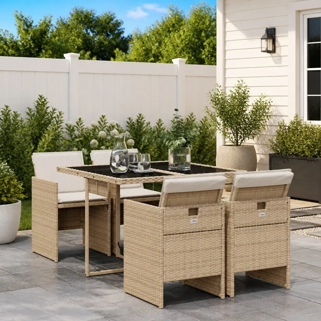 Beige Poly Rattan Outdoor Dining Set 5 Piece with Cushions for Garden Patio and Backyard