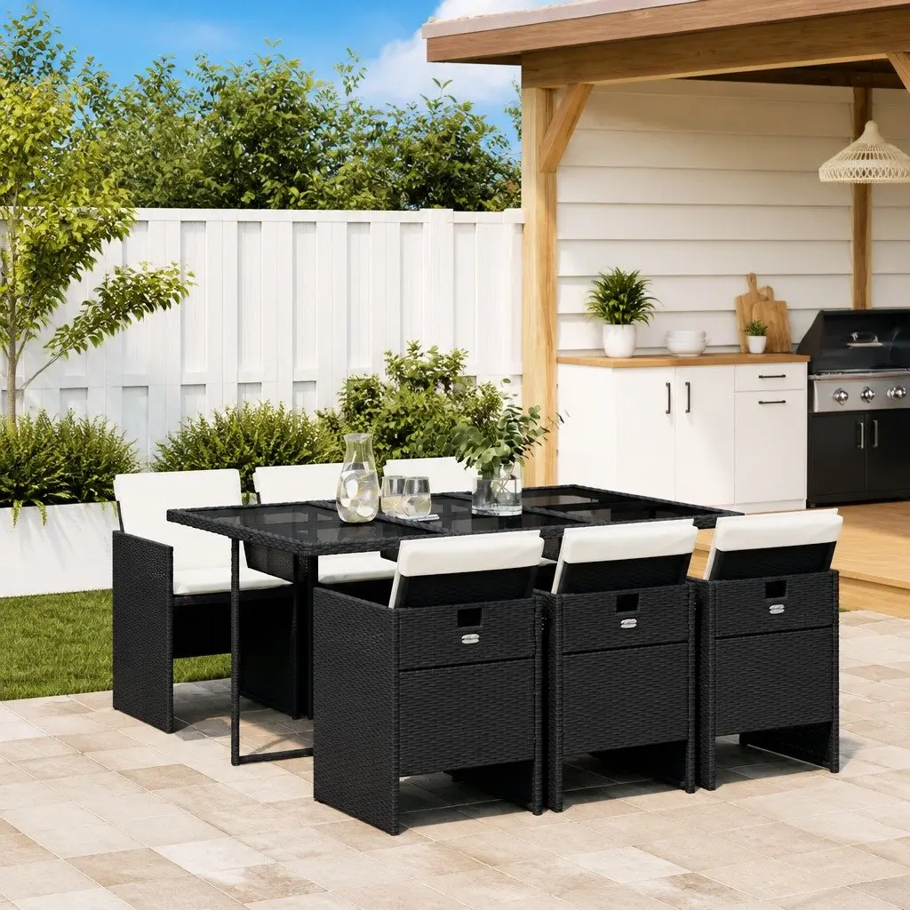7 Piece Outdoor Dining Set for Garden Patio Black Poly Rattan Furniture