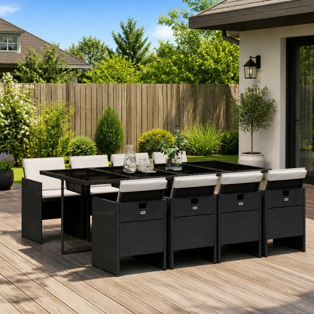 9 Piece Patio Dining Set Black Poly Rattan Table and Chairs with Cushions for Outdoor Use