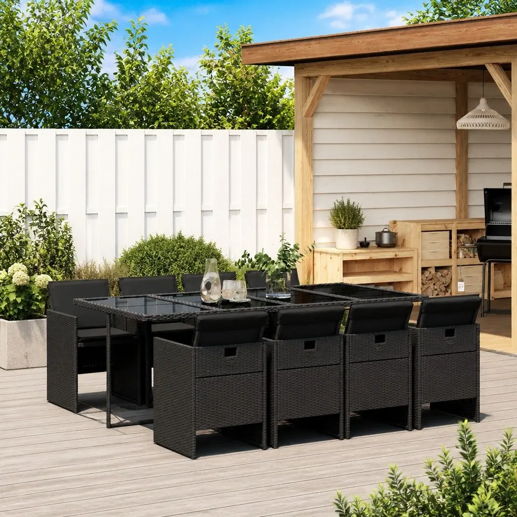 9 Piece Garden Dining Set Black PE Rattan Chairs and Tempered Glass Table for Outdoor Patio Use