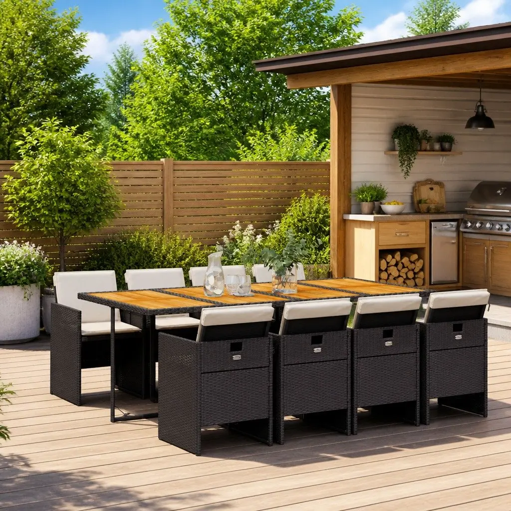 Garden Dining Set 9 Piece Outdoor Furniture Black Poly Rattan Chairs Table Patio