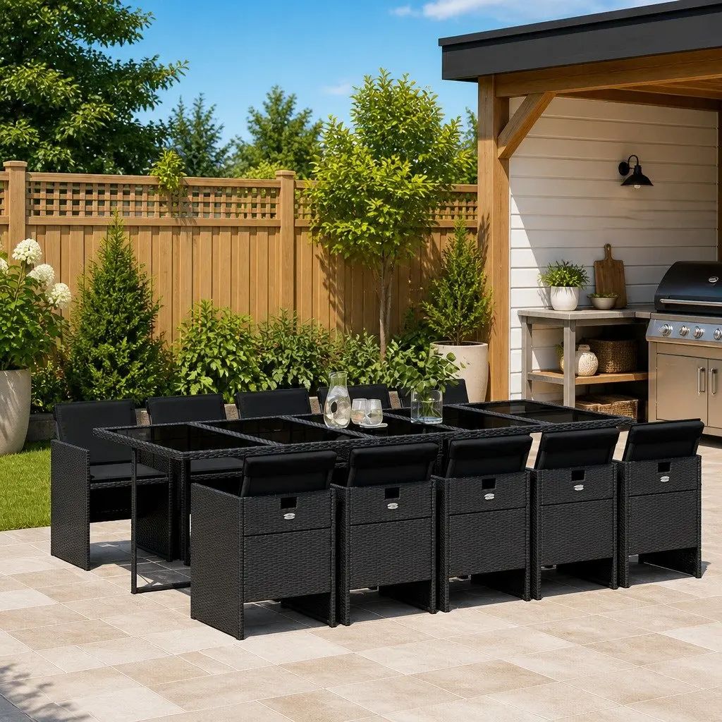 11 Piece Outdoor Dining Set Patio Furniture Black Rattan with Foldable Chairs and Cushions