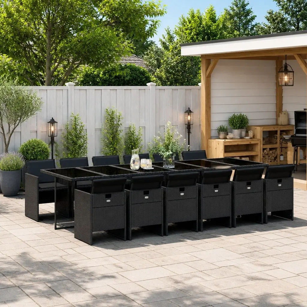 Poly Rattan Outdoor Dining Set 13 Piece Black with Foldable Chairs and Tempered Glass Tabletop for Garden or Patio Use