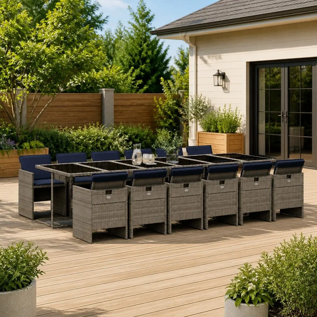 Garden Dining Set Outdoor Use 13 Piece Grey Poly Rattan Cushions