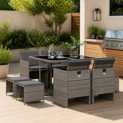 9 Piece Outdoor Dining Set Grey Poly Rattan Chairs Table Patio Furniture