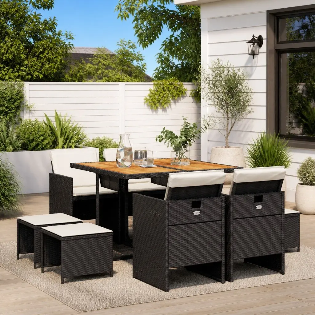 9 Piece Outdoor Dining Set Patio Garden Furniture Black Poly Rattan Chairs Table
