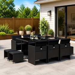 11 Piece Outdoor Garden Dining Set with Cushions Black Poly Rattan Table Chairs