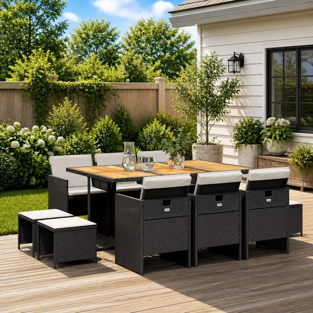 Garden Dining Set Outdoor Furniture 11 Piece Black Rattan Chairs Table Cushions
