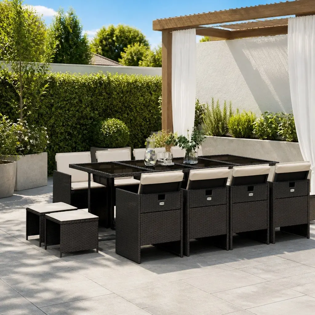Garden Dining Set Outdoor Patio Furniture with Cushions 13 Piece Black Poly Rattan