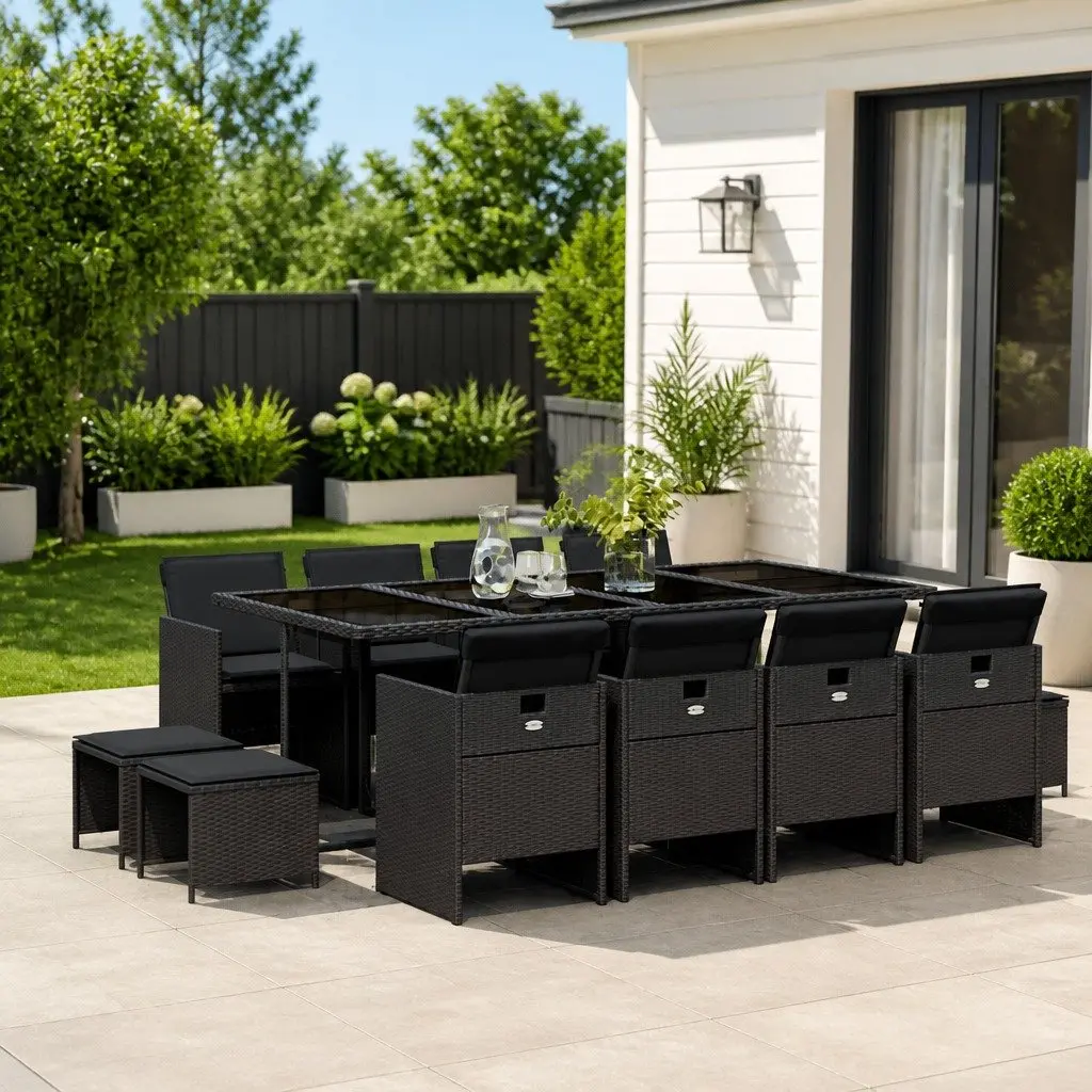 13 Piece Black Poly Rattan Dining Set