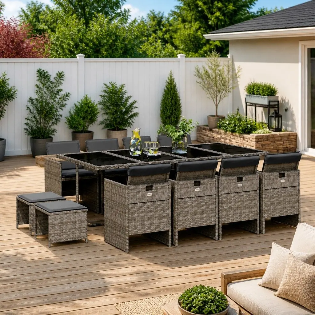 Garden Dining Set Outdoor Furniture 13 Piece Grey Poly Rattan Chairs Table