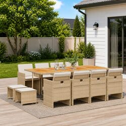 Outdoor Dining Set: 13 Pieces, Beige Poly Rattan, Acacia Wood