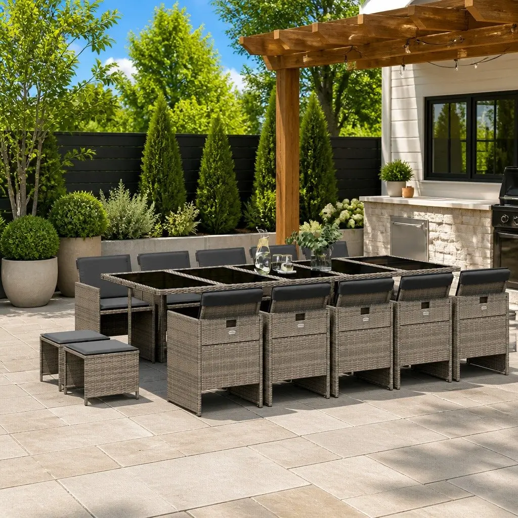 Garden Dining Set Outdoor Furniture 15 Piece Grey Poly Rattan with Cushions