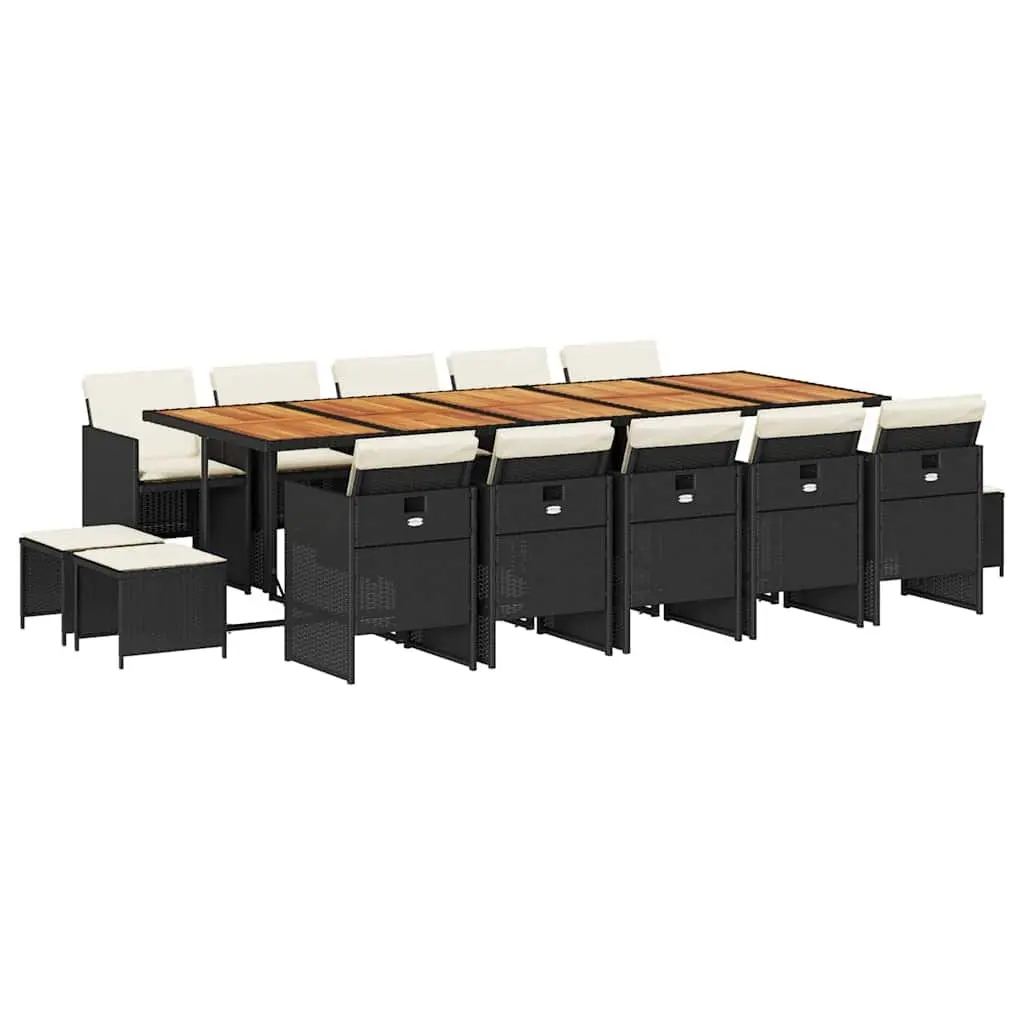 Outdoor Furniture Set 15 Piece Black PE Rattan Dining Table Chairs Stools Padded Cushions