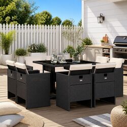 9 Piece Outdoor Dining Set Specifications: Black Rattan Chairs
