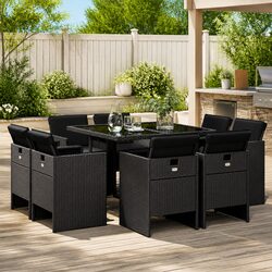 Garden Dining Set 9 Piece Outdoor Furniture Black Poly Rattan Chairs Table