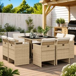 Outdoor Dining Set 9 Piece Garden Furniture Beige PE Rattan Chairs Table Patio
