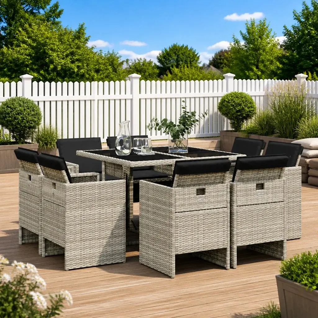 9 Piece Garden Dining Set Outdoor Furniture Grey Poly Rattan Patio Table Chairs