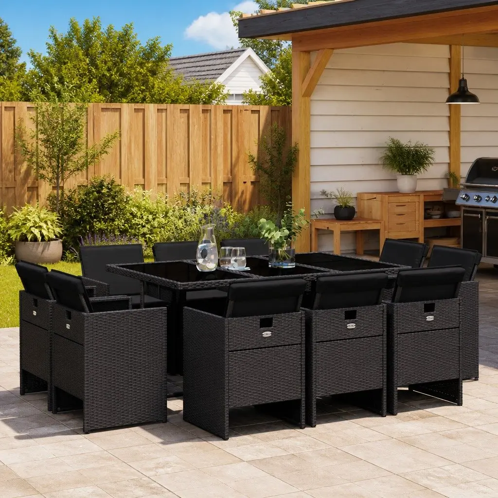 11 Piece Garden Dining Set for Outdoor Use with Black Poly Rattan Chairs and Cushions