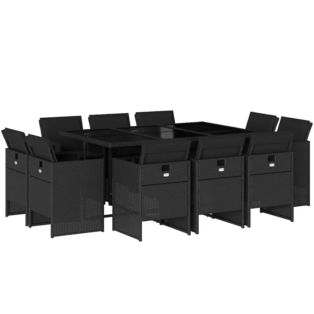 11 Piece Garden Dining Set for Outdoor Use with Black Poly Rattan Chairs and Cushions