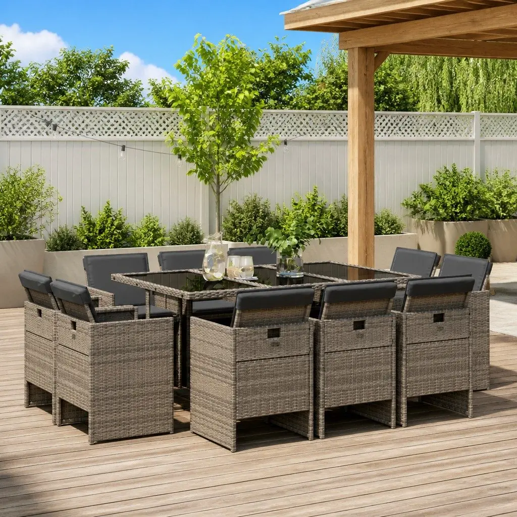 Garden Dining Set Outdoor Patio Furniture 11 Piece Grey Poly Rattan Chairs Table
