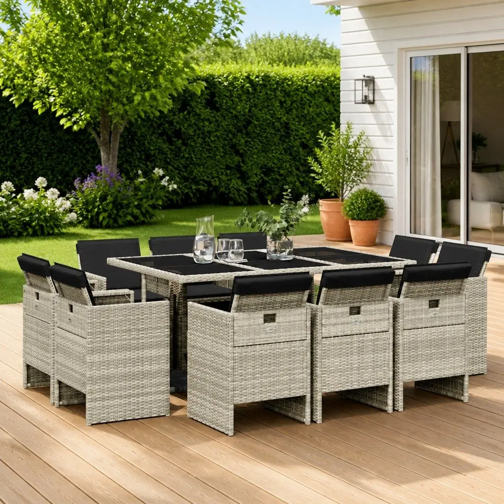 Garden Dining Set Outdoor Furniture 11 Piece Grey Poly Rattan with Cushions