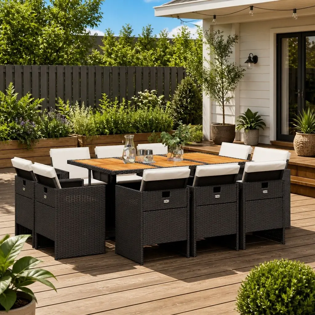 Outdoor Dining Set for Garden Patio, 11 Piece Size with Black Poly Rattan Chairs Acacia Wood Table and Cushions