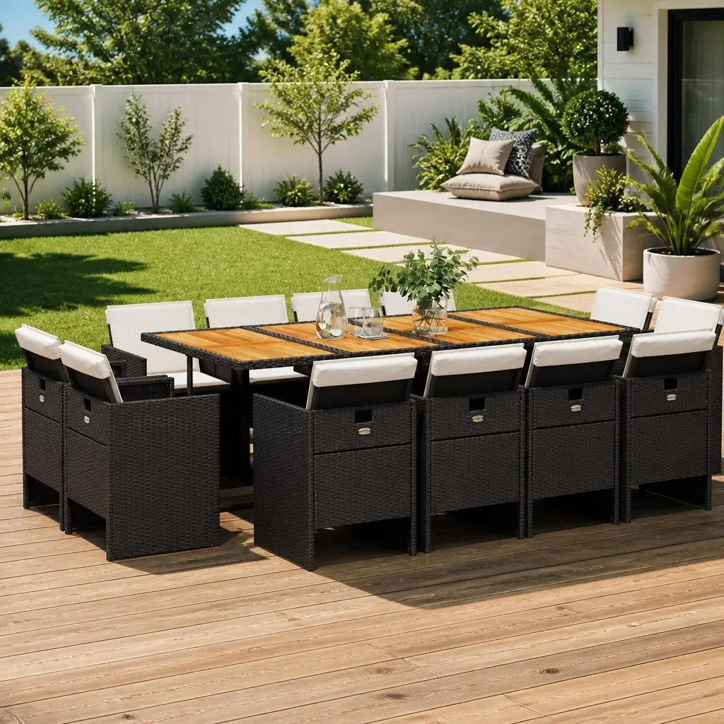 Garden Dining Set Outdoor Furniture 13 Piece Black Poly Rattan Chairs Table