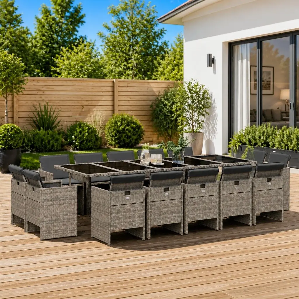 Garden Dining Set 15 Piece Grey Poly Rattan Outdoor Furniture with Cushions