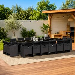 Garden Dining Set: 17 Pieces, Black PE Rattan, Tempered Glass