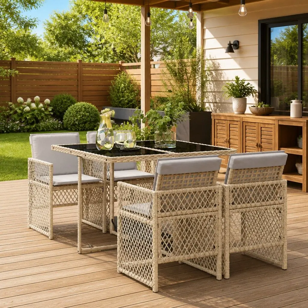 Garden Dining Set Outdoor Furniture 5 Piece Beige Poly Rattan Glass Table Chairs