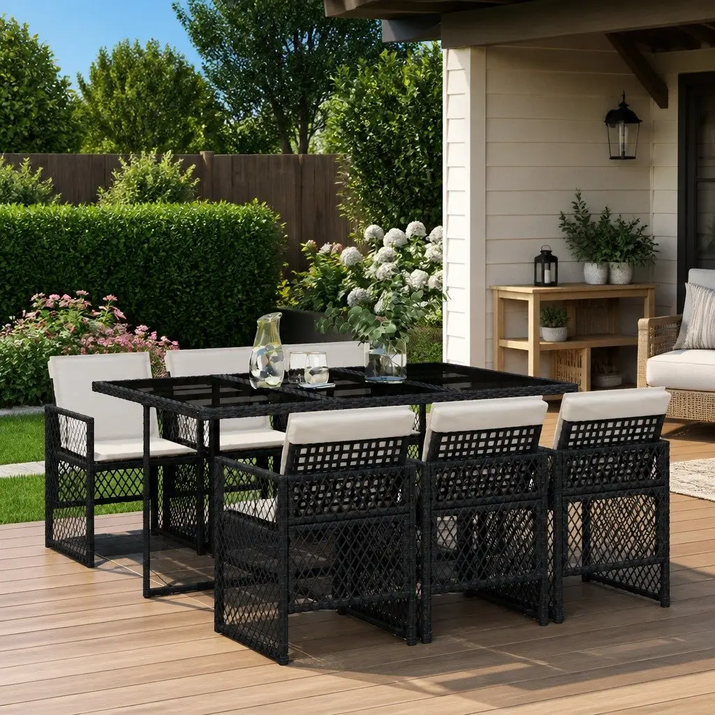 Outdoor Dining Set 7 Piece Patio Garden Furniture Black Poly Rattan Table Chairs