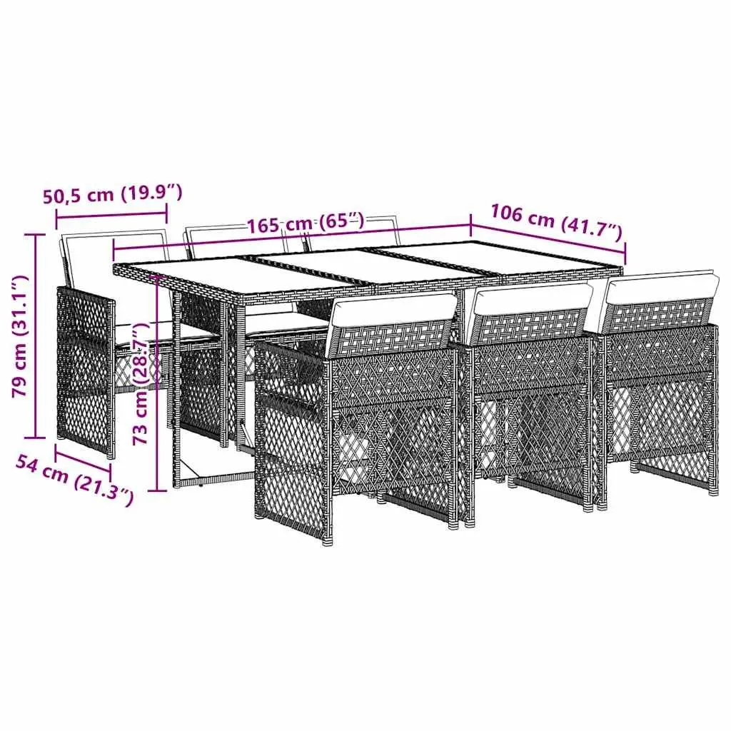 Outdoor Garden Dining Set 7 Piece Black Poly Rattan Table with Cushions