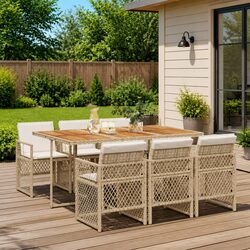 7-Piece Garden Dining Set - Beige Rattan & Acacia Wood Specs