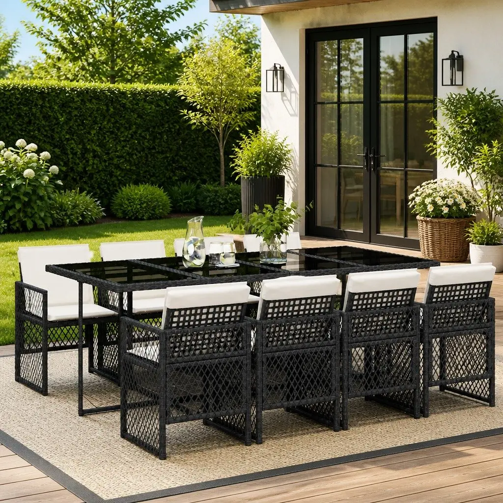 Outdoor Dining Set 9 Piece Garden Furniture Black Poly Rattan Cushions Patio
