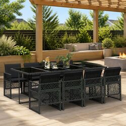 9 Piece Garden Dining Set: Black Poly Rattan & Glass