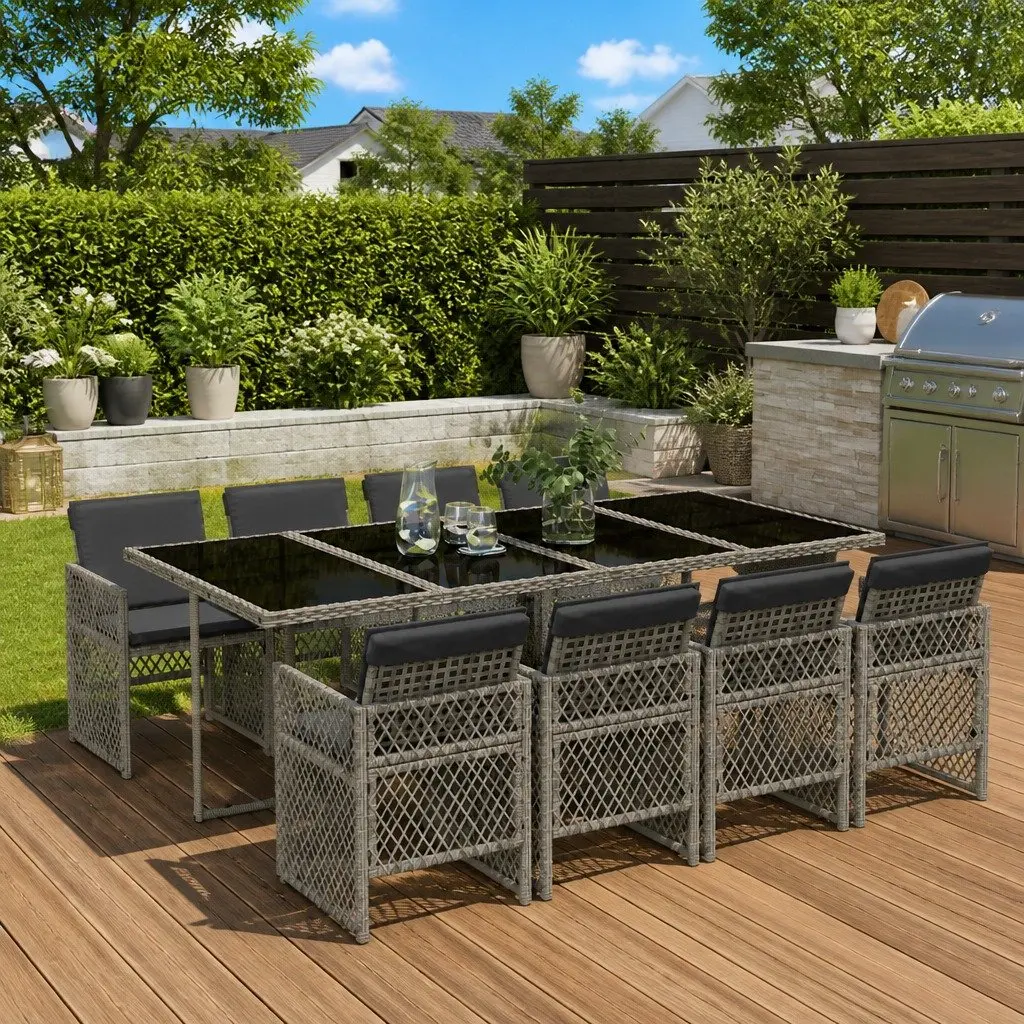 Outdoor Dining Set Garden Patio Furniture 9 Piece Grey Poly Rattan with Cushions