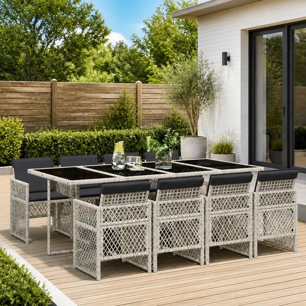 Outdoor Dining Set 9 Piece Patio Furniture Light Grey Poly Rattan Chairs Table