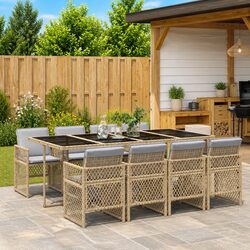 Garden Dining Set: 9 Pieces, Beige, Rattan, Cushions