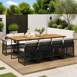 9-Piece Outdoor Dining Set: PE Rattan, Acacia Wood, Black