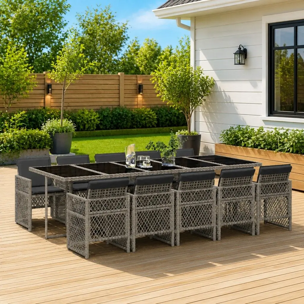 Outdoor Dining Set 11 Piece Grey Poly Rattan Table with Tempered Glass and Cushioned Chairs for Garden Patio Backyard