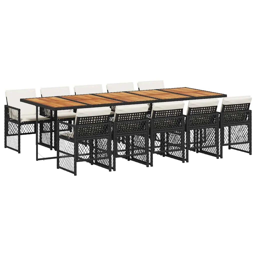 Outdoor Dining Furniture Set 11 Piece Black Poly Rattan Chairs Acacia Wood Table