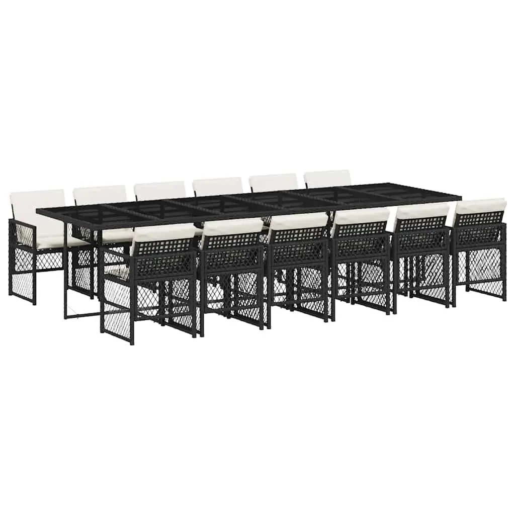 Outdoor Dining Set 13 Piece Black Poly Rattan Chairs and Table with Tempered Glass Top for Patio Garden Backyard