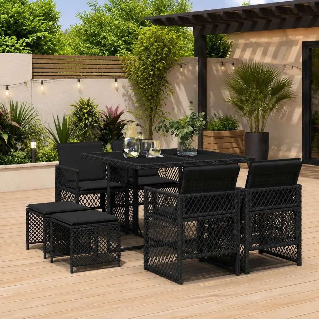 Outdoor Dining Set Garden Furniture 9 Piece Black Poly Rattan Cushioned Patio