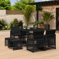 9 Piece Black Garden Dining Set with Cushions and Glass Top