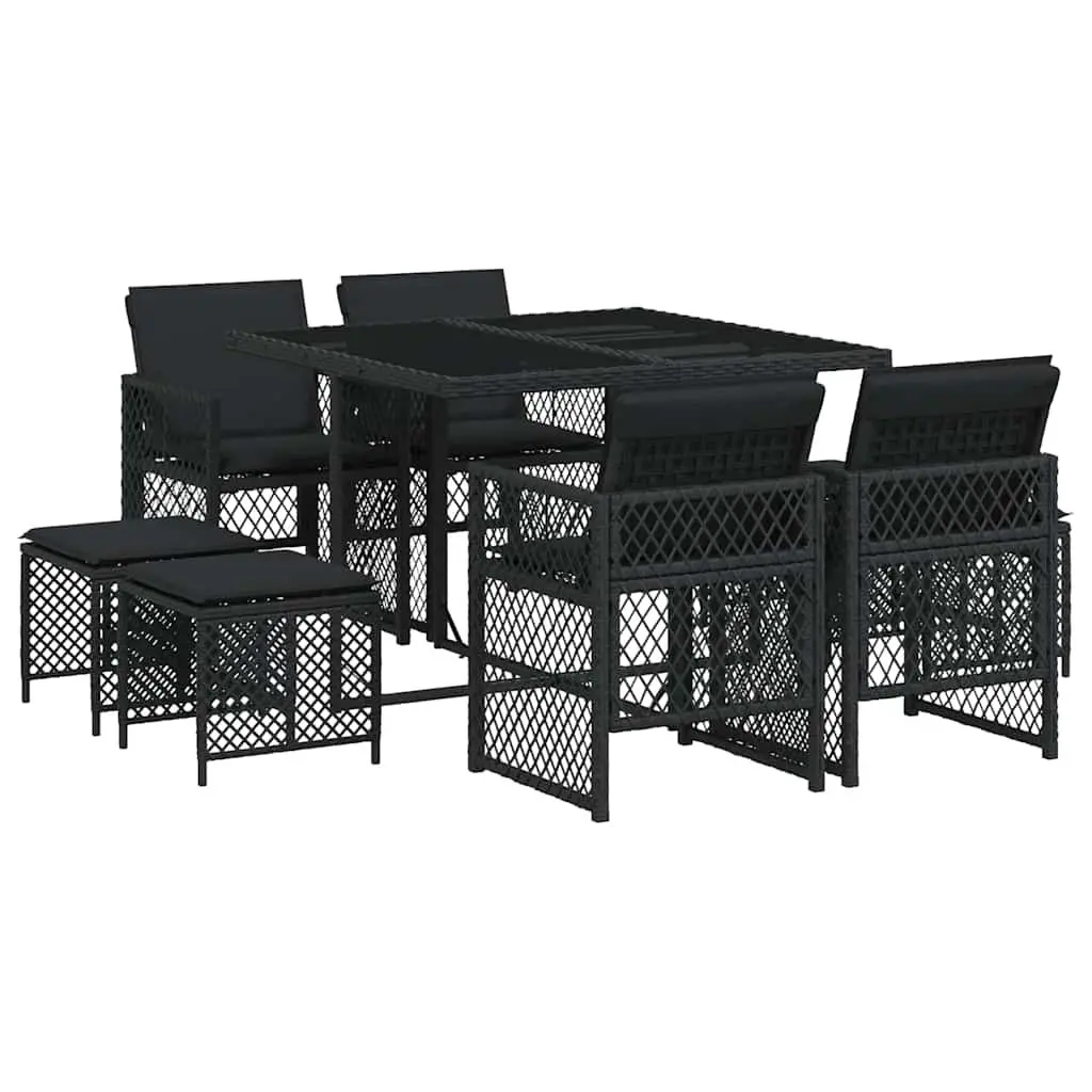 Outdoor Dining Set Garden Furniture 9 Piece Black Poly Rattan Cushioned Patio