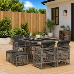 Garden Dining Set 9 Piece Outdoor Furniture with Cushions Grey Poly Rattan